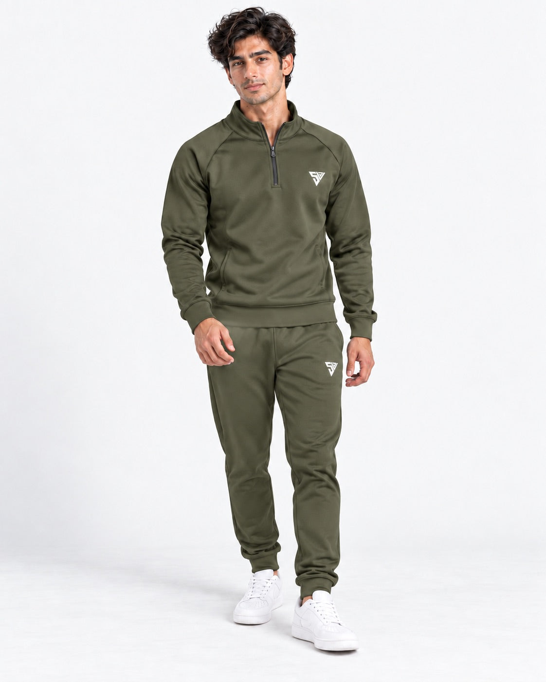 Stride Tracksuit - Muted Olive - full set front - SALVYR premium gymwear Pakistan