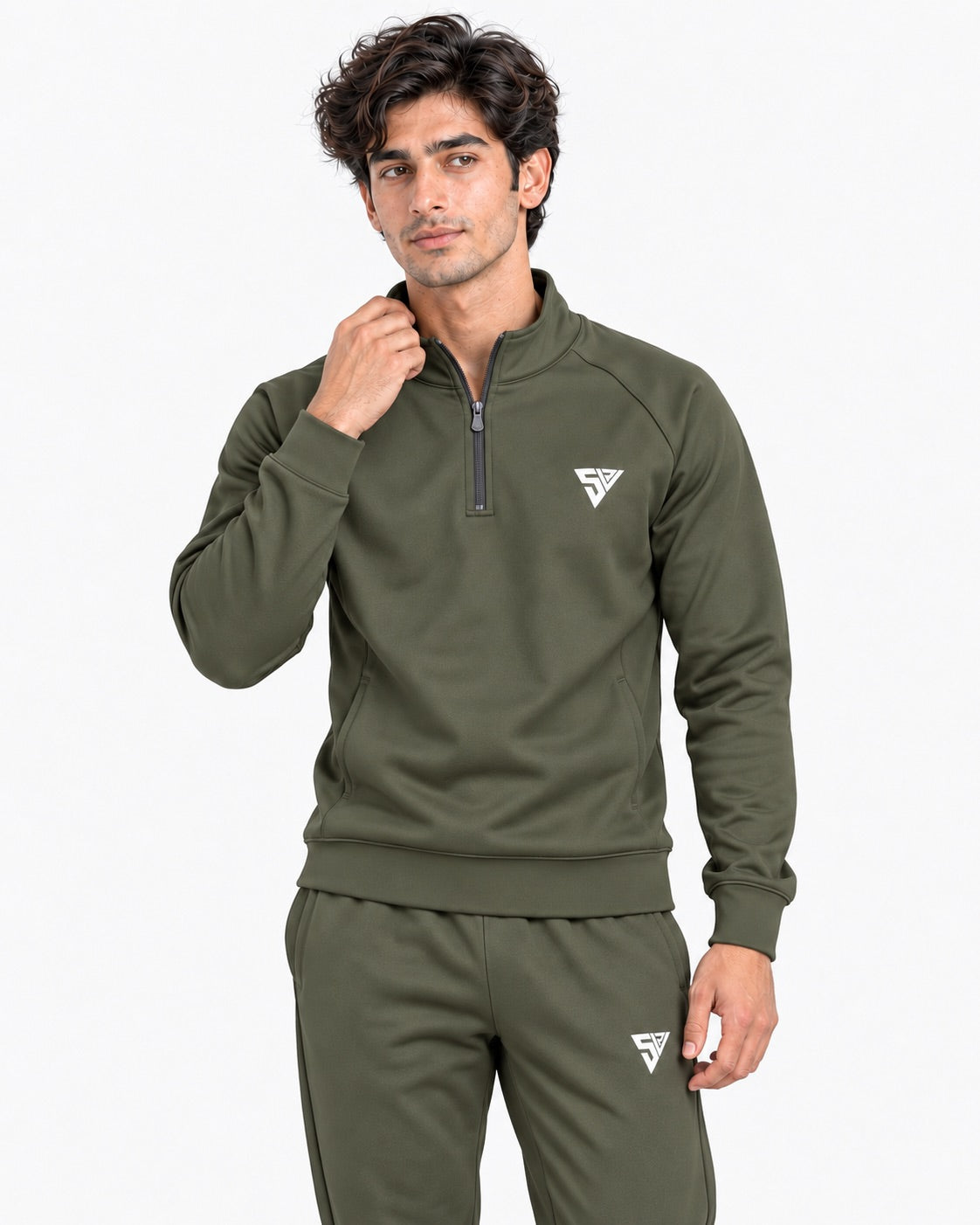 Stride Tracksuit - Muted Olive - quarter-zip collar detail - SALVYR premium gymwear Pakistan