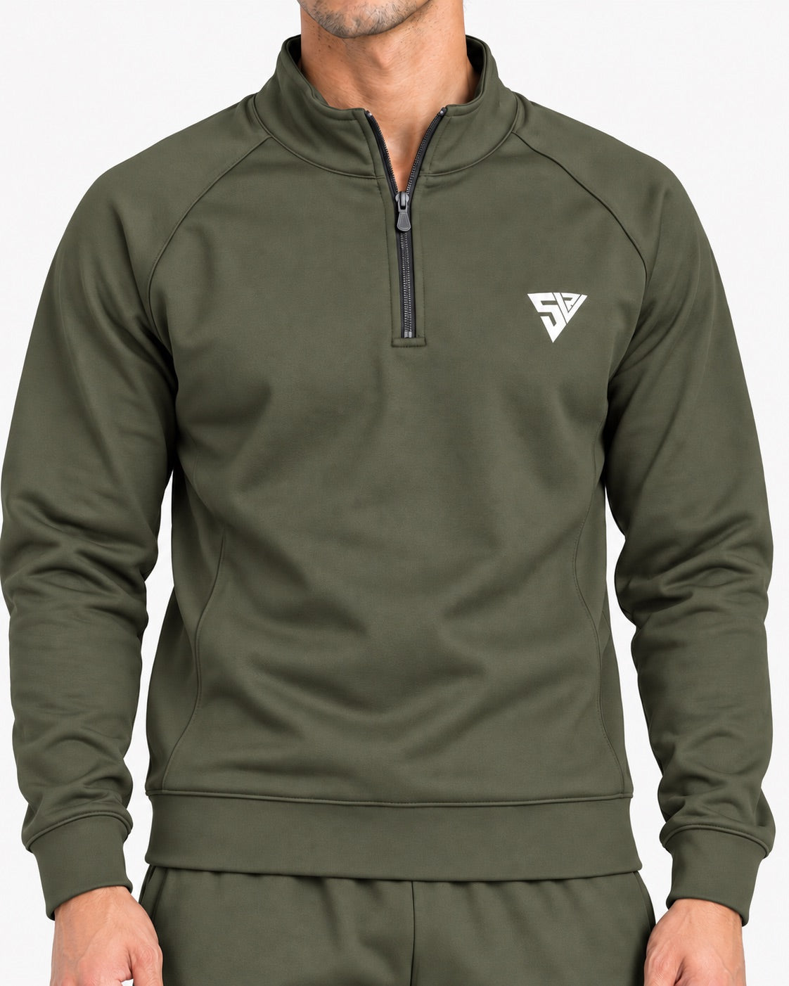 Stride Tracksuit - Muted Olive - zip and logo close-up - SALVYR premium gymwear Pakistan