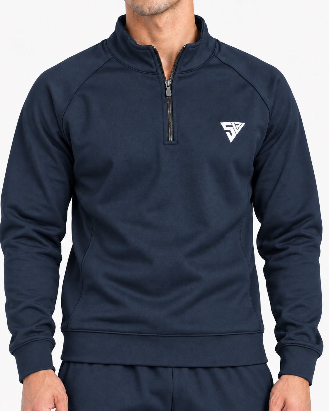 Stride Tracksuit - Deep Navy - zip and logo close-up - SALVYR premium gymwear Pakistan