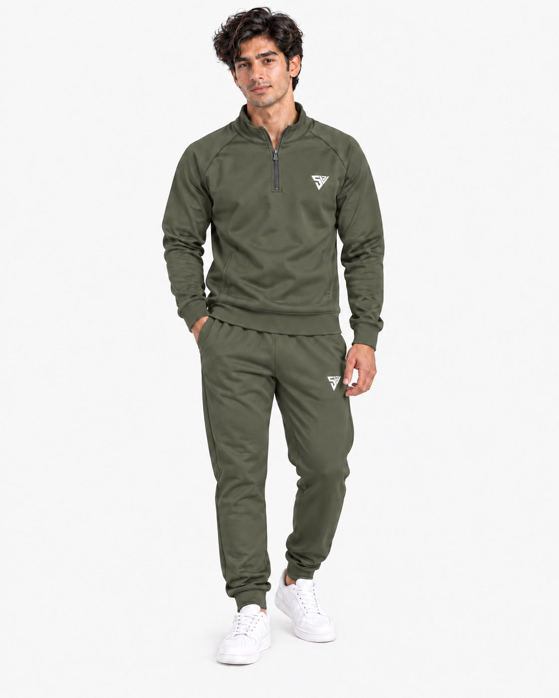 Stride Tracksuit - Muted Olive - front view - SALVYR premium gymwear Pakistan