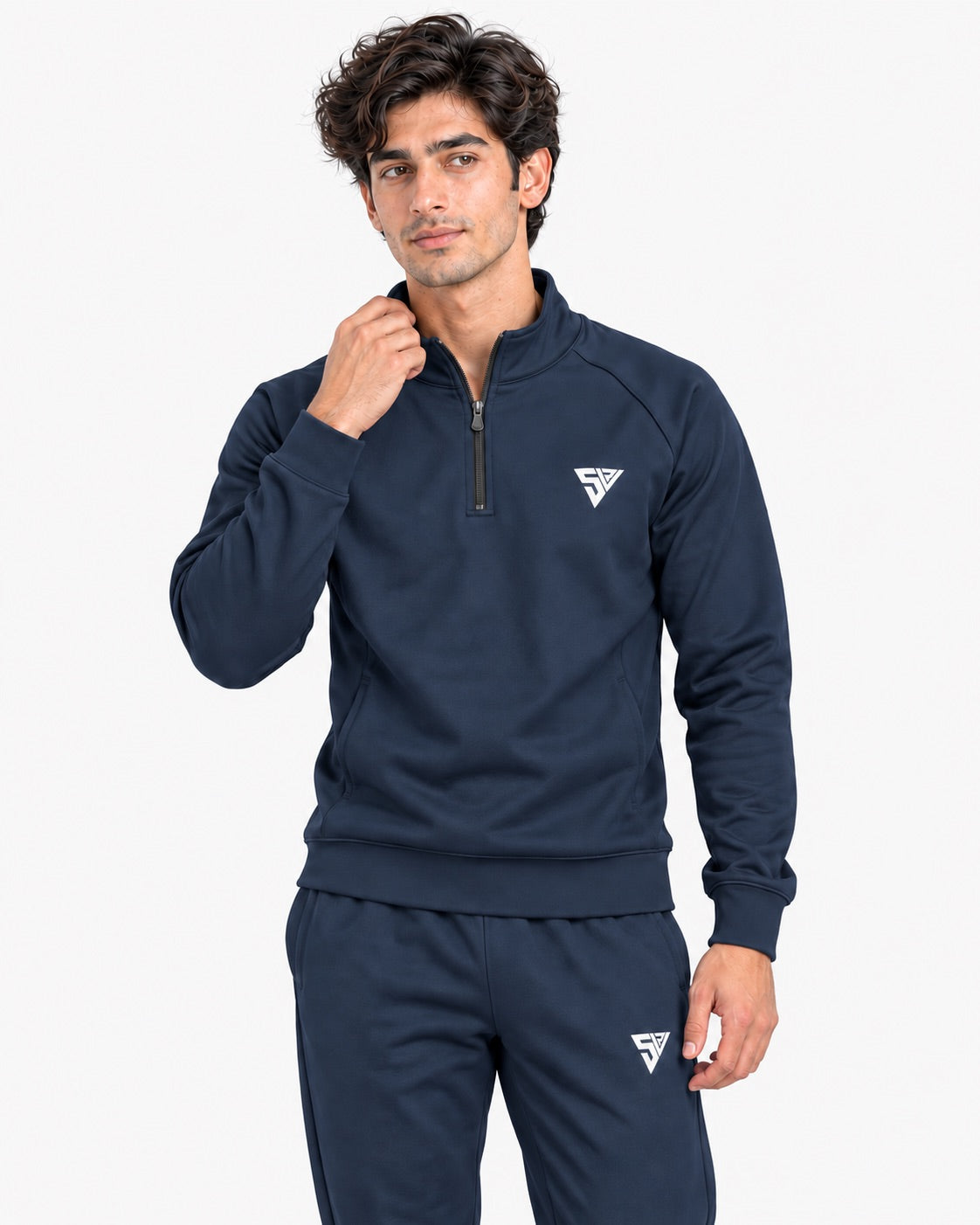 Stride Tracksuit - Deep Navy - quarter-zip collar detail - SALVYR premium gymwear Pakistan