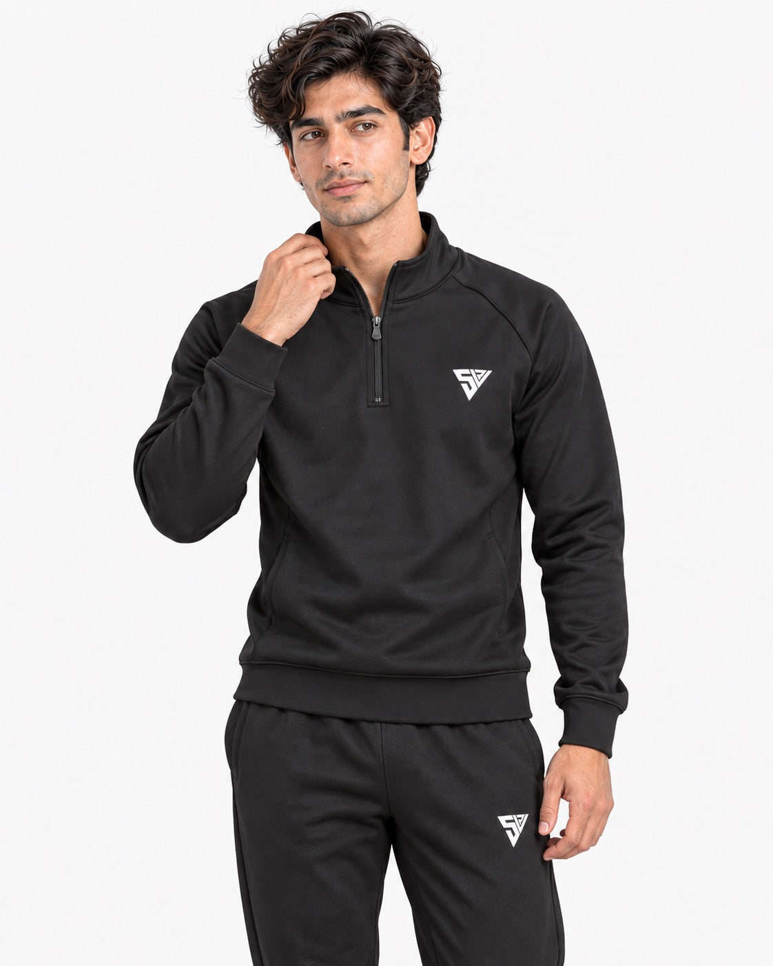 Stride Tracksuit - Black - quarter-zip collar detail - SALVYR premium gymwear Pakistan