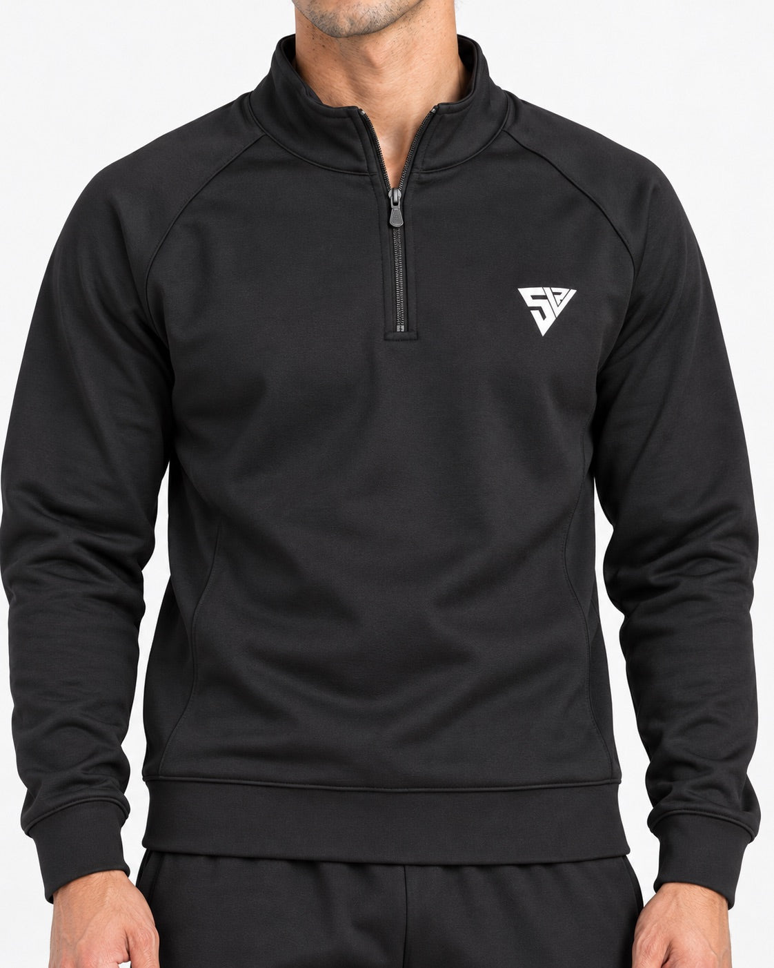 Stride Tracksuit - Black - zip and logo close-up - SALVYR premium gymwear Pakistan